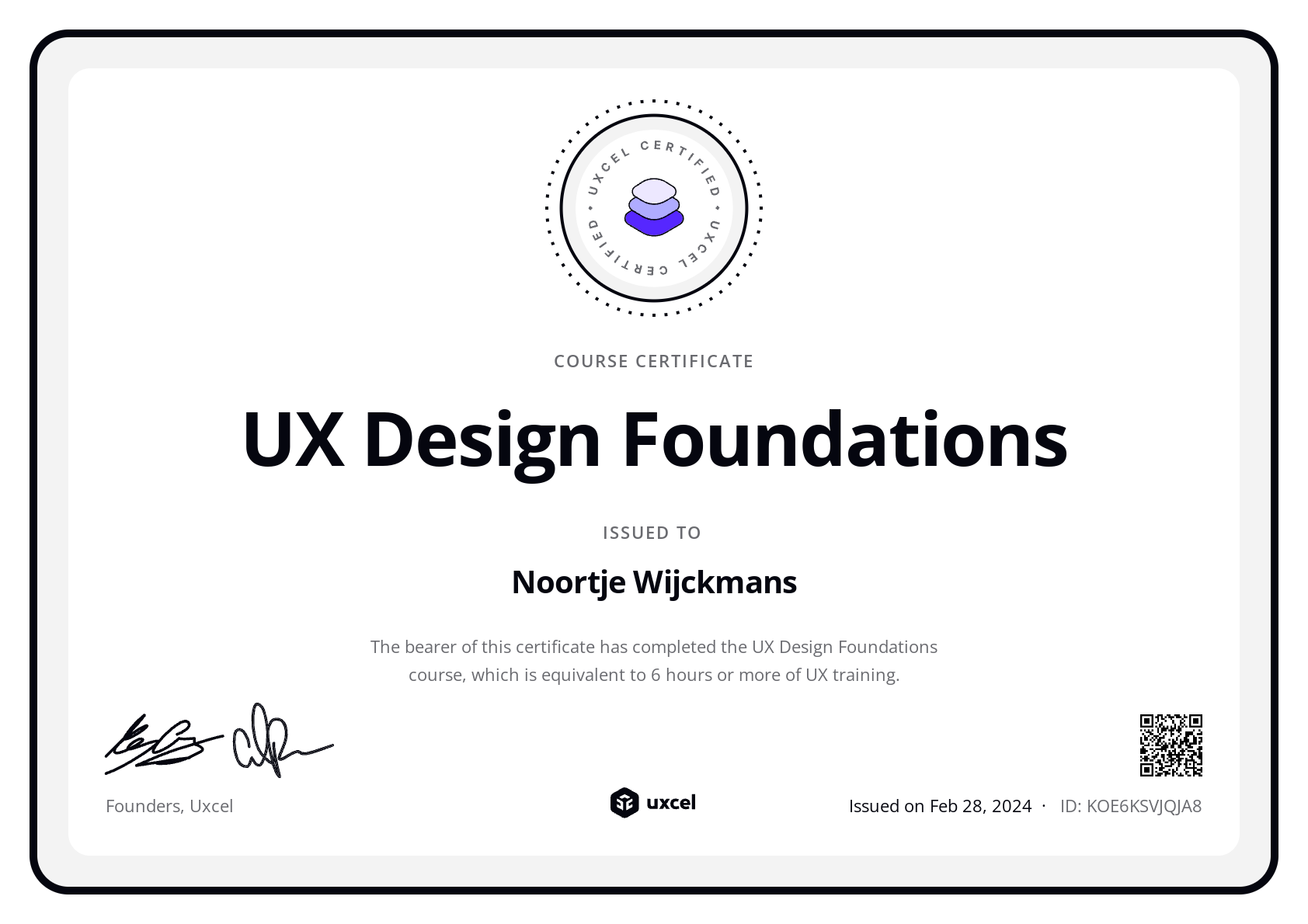 Noortje Wijckmans's certificate